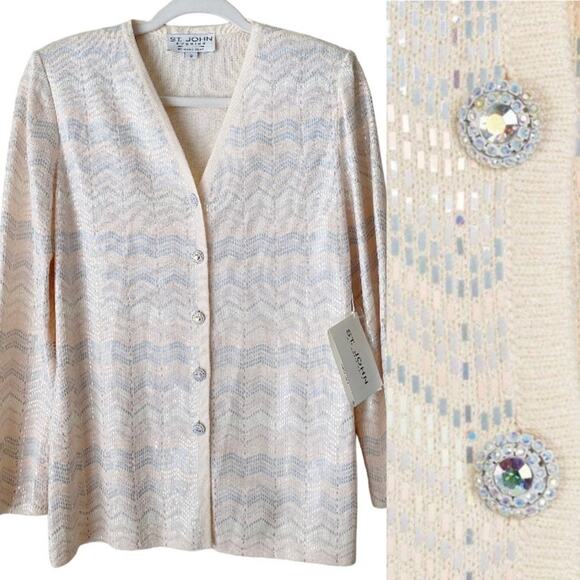 St. John Evening | Wool Blend Riviera Pastel Crystal Cardigan Sweater Size 8 - Picture 1 of 10